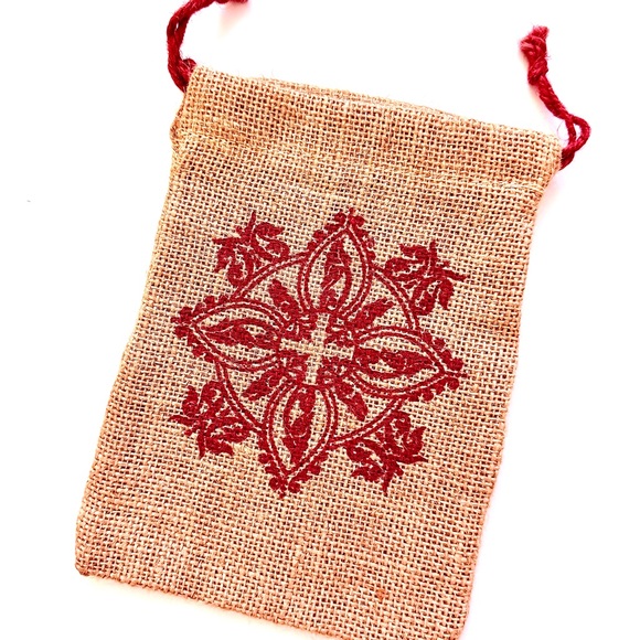VINTAGE Red Patterned Burlap Drawstring Bag - Picture 1 of 3